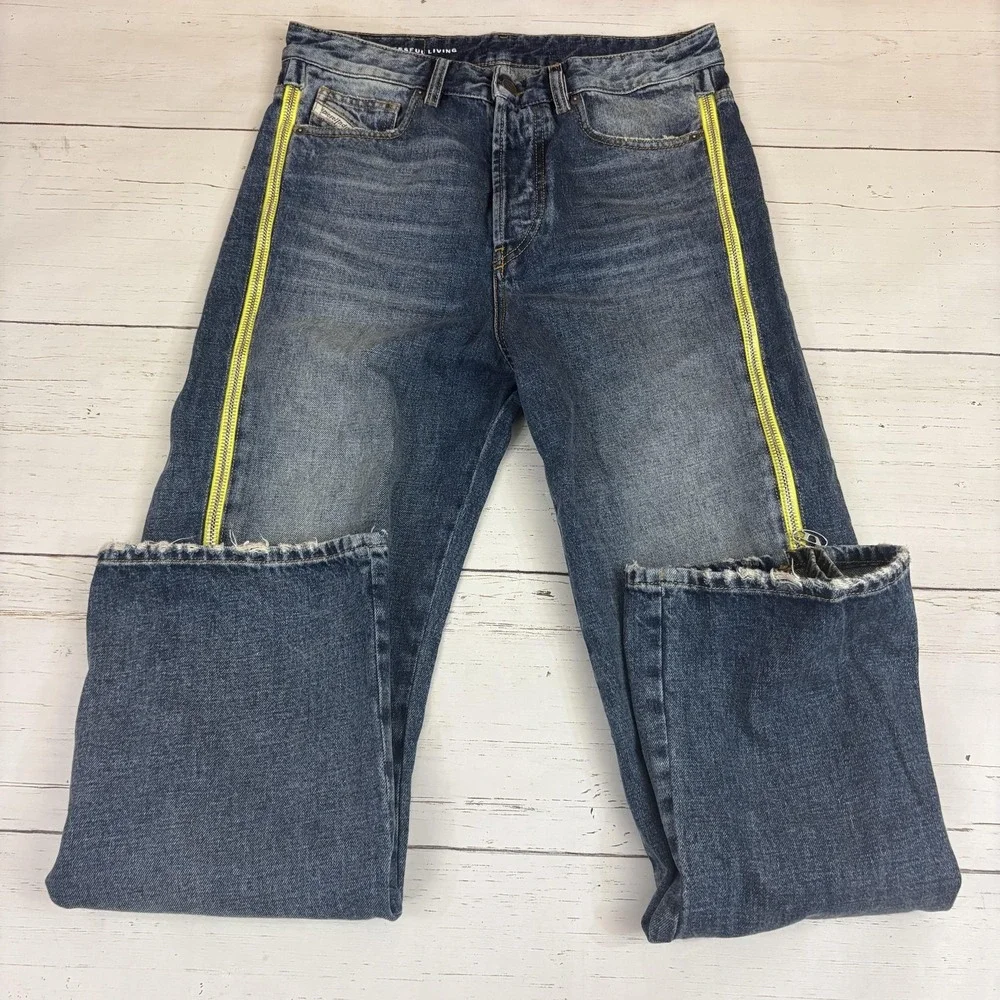 Diesel D-Rise-Zip-S Flare Jeans Mens 29x31 Blue Denim Neon Yellow Side Zips